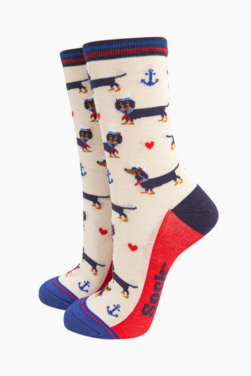 womens-bamboo-socks-cream-sausage-dog-sailor-pattern-of-black-dachshunds-wearing-sailor-hats-and-neckties