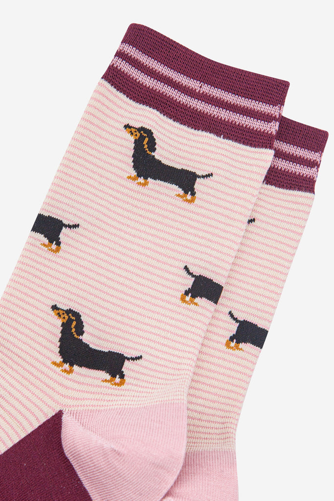 womens-bamboo-socks-cream-berry-sausage-dog-stripes-close-up