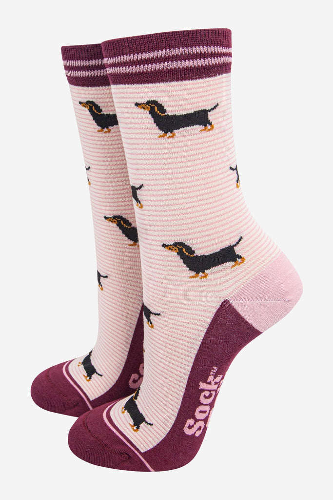womens-bamboo-socks-cream-berry-sausage-dog-stripes-dachshunds