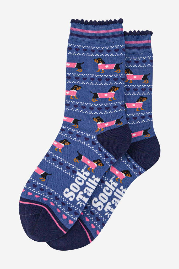 womens-bamboo-socks-denim-blue-navy-blue-sausage-dogs-fair-isle-laying-flat
