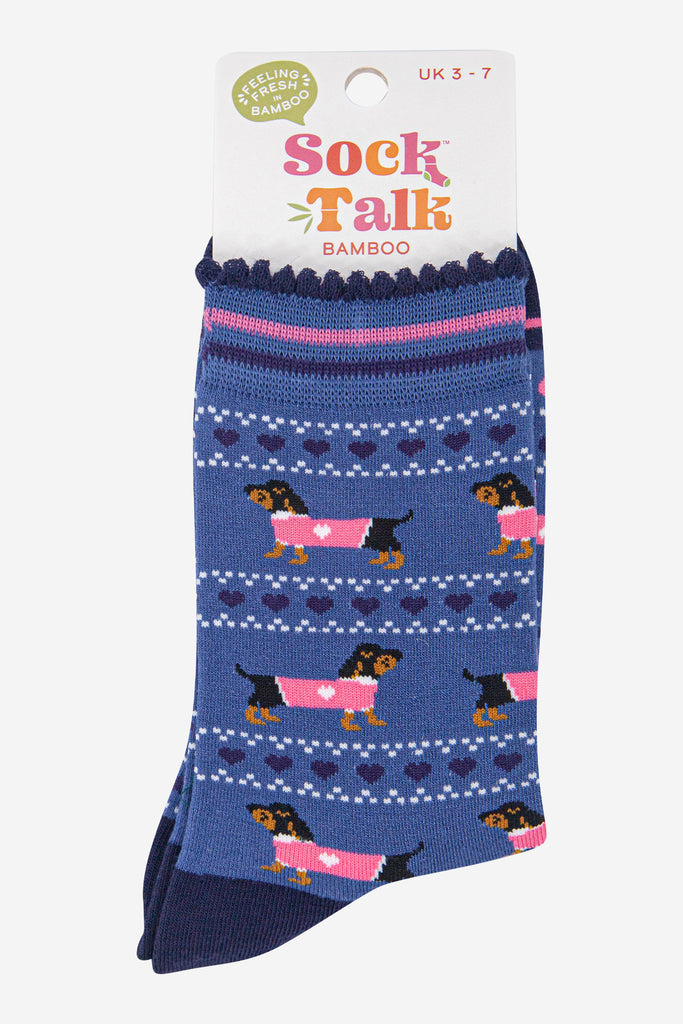 womens-bamboo-socks-denim-blue-navy-blue-sausage-dogs-fair-isle-in-sock-talk-packaging