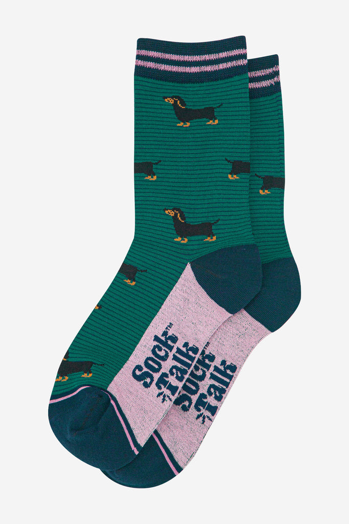 womens-bamboo-socks-forest-green-navy-blue-sausage-dog-stripes-laying-flat