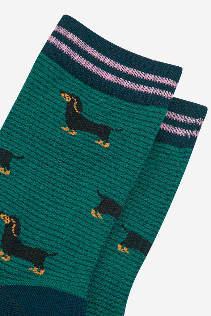 womens-bamboo-socks-forest-green-navy-blue-sausage-dog-stripes-close-up