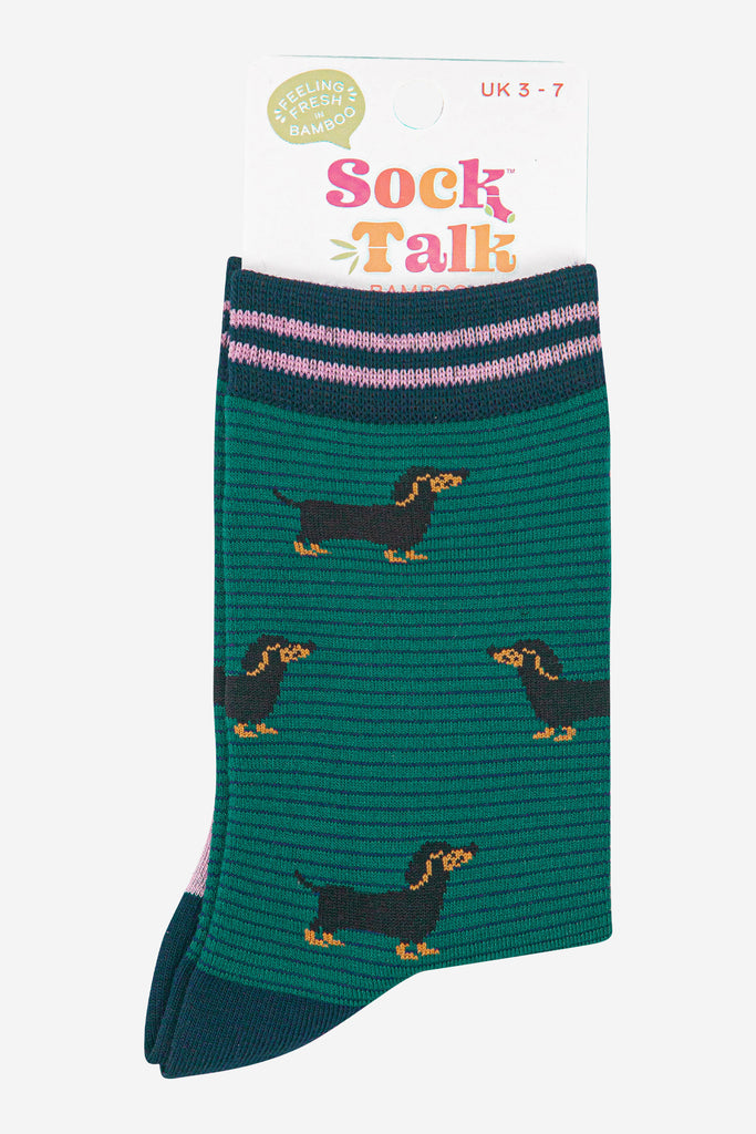 womens-bamboo-socks-forest-green-navy-blue-sausage-dog-stripes-in-sock-talk-packaging
