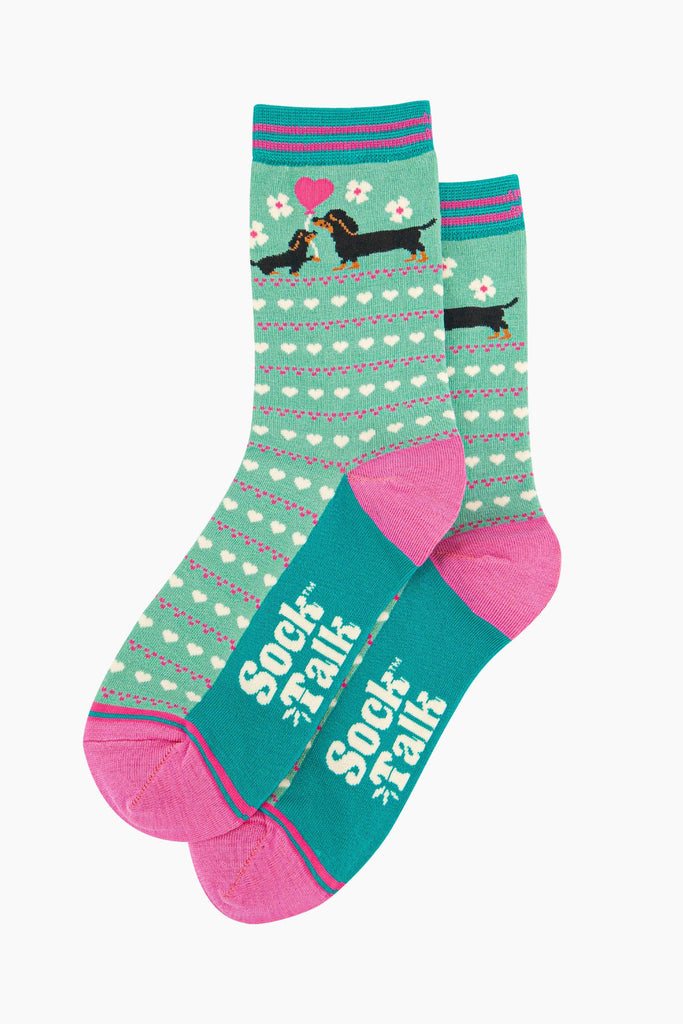 womens-bamboo-socks-mint-sausage-dog-puppy-laying-flat-puppies-white-love-hearts-pink-balloon