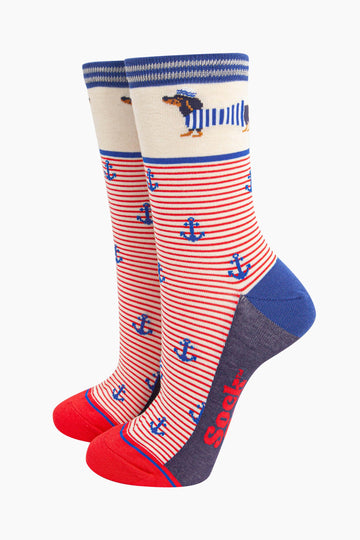 womens-bamboo-socks-cream-sausage-dog-sailor-stripe-dachshund-nautical-anchors