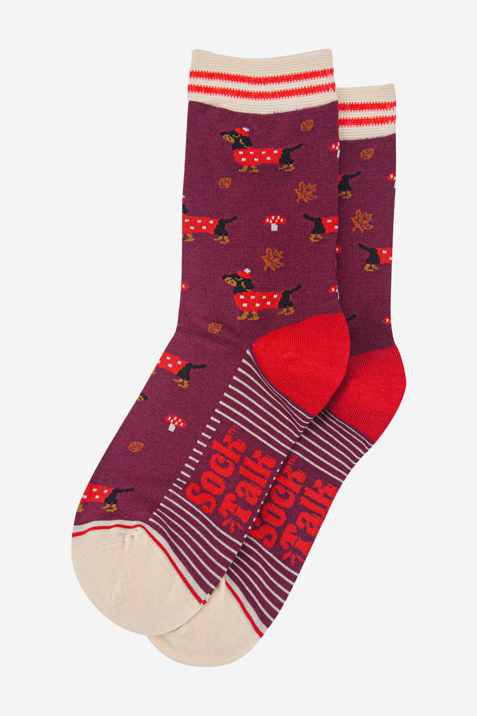 womens-bamboo-socks-berry-cream-sausage-dogs-toadstools-laying-flat