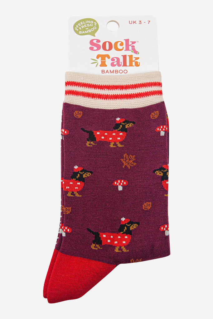 womens-bamboo-socks-berry-cream-sausage-dogs-toadstools-in-sock-talk-packaging