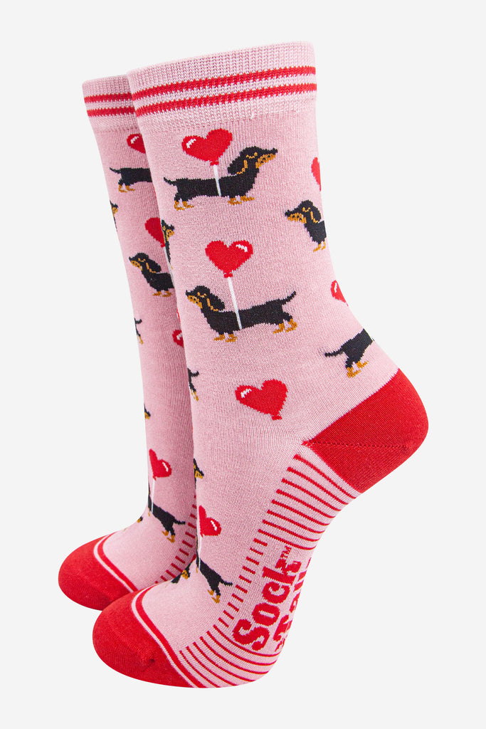 womens-bamboo-socks-light-pink-red-sausage-dogs-dachshunds