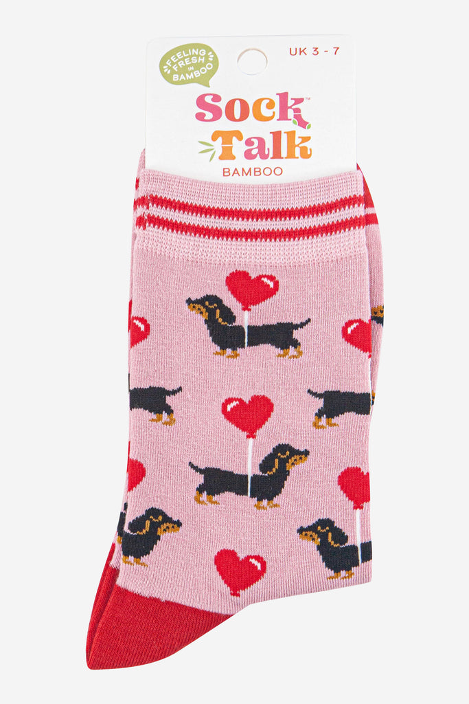 womens-bamboo-socks-light-pink-red-sausage-dogs-in-sock-talk-packaging