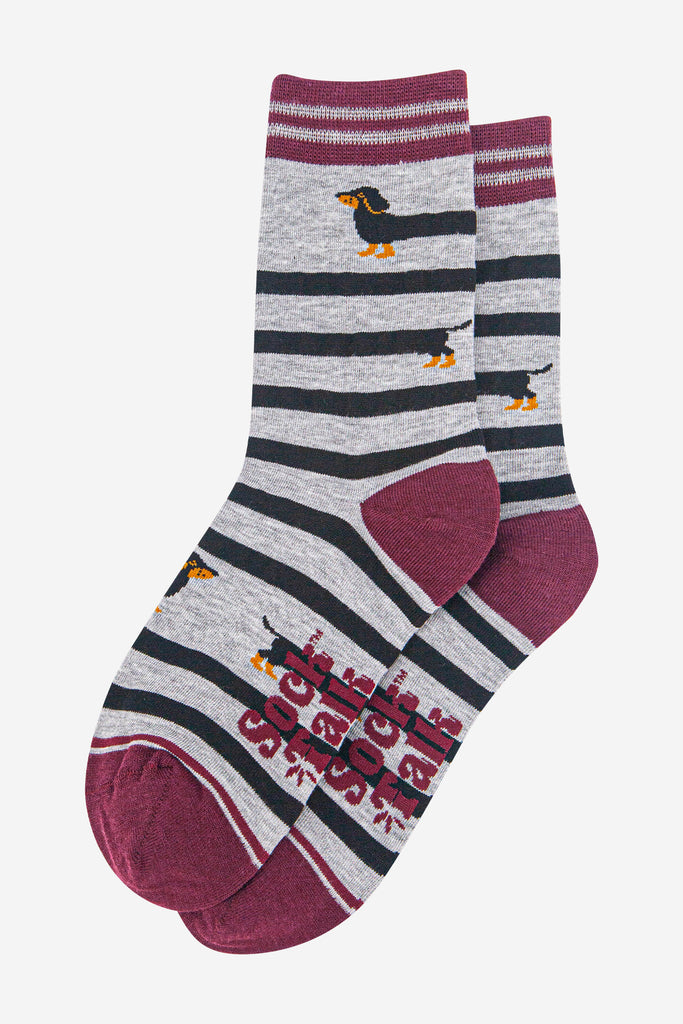 womens-bamboo-socks-grey-marl-red-sausage-dog-laying-flat