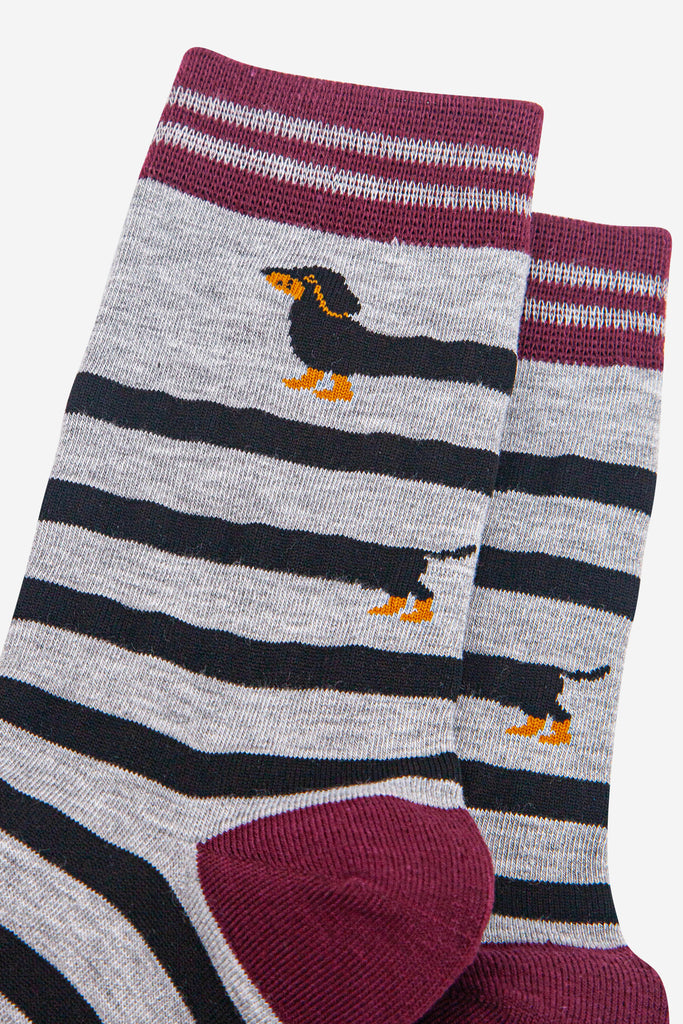 womens-bamboo-socks-grey-marl-red-sausage-dog-close-up-pattern