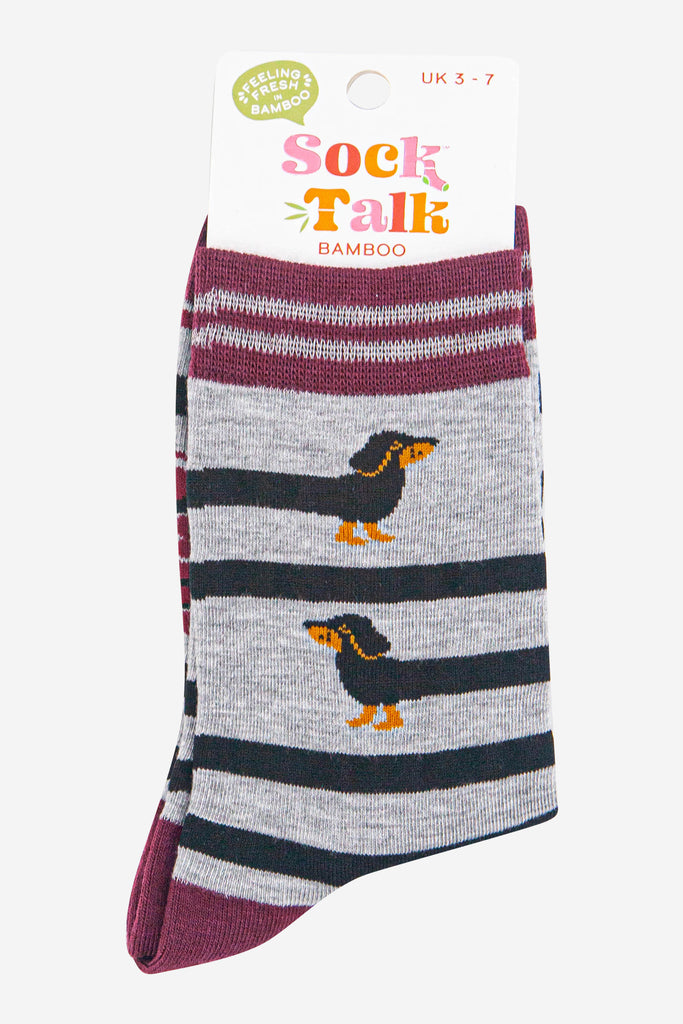 womens-bamboo-socks-grey-marl-red-sausage-dog-in-sock-talk-packaging