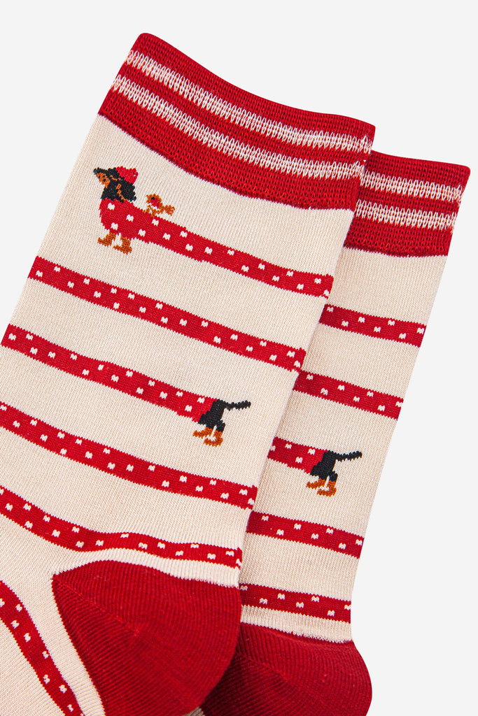 womens-bamboo-socks-cream-berry-winding-sausage-dog-close-up