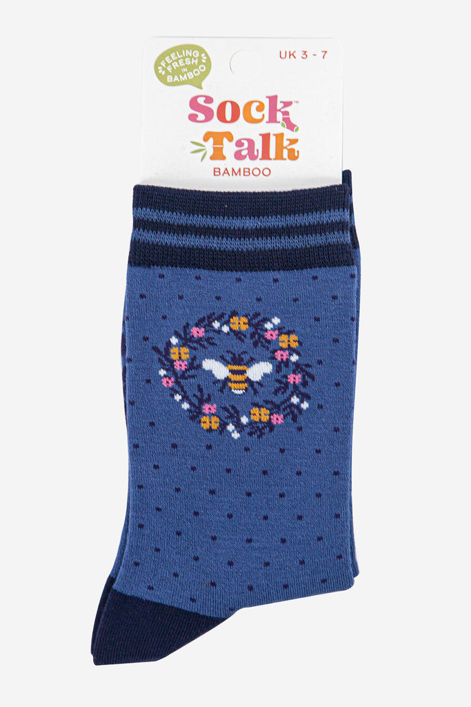 womens-bamboo-socks-denim-blue-navy-blue-bee-wreath-in-sock-talk-packaging