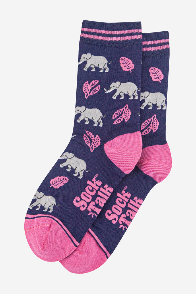 womens-bamboo-socks-navy-blue-pink-elephant-laying-flat