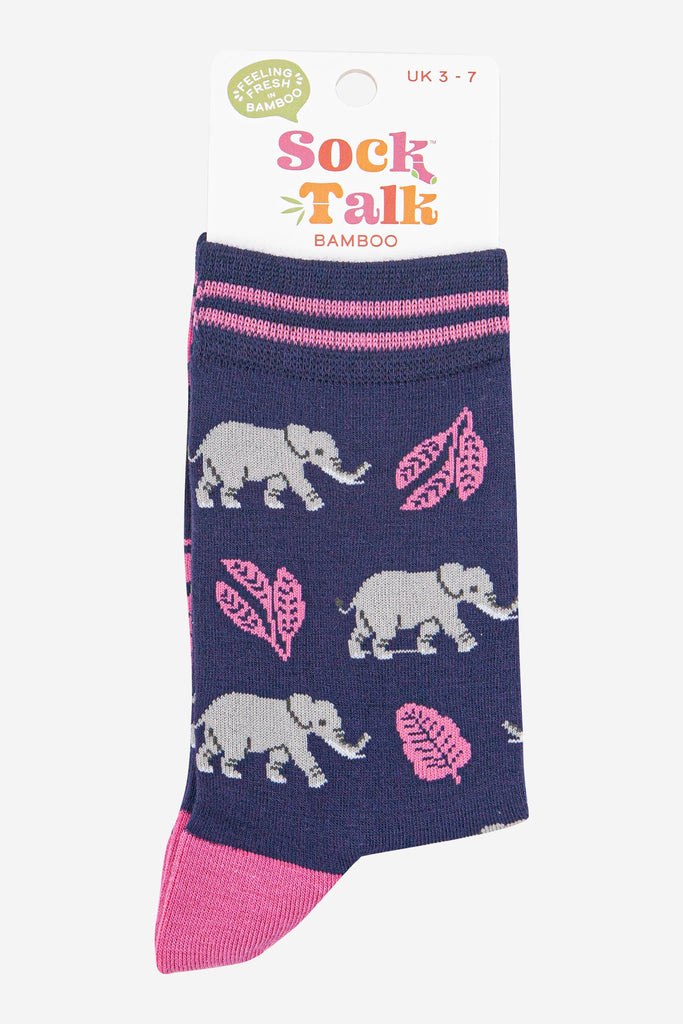 womens-bamboo-socks-navy-blue-pink-elephant-in-sock-talk-packaging