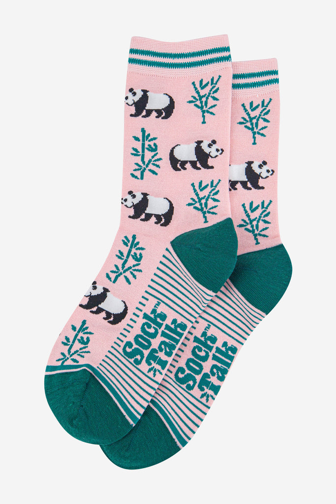 womens-bamboo-socks-light-pink-green-panda-laying-flat