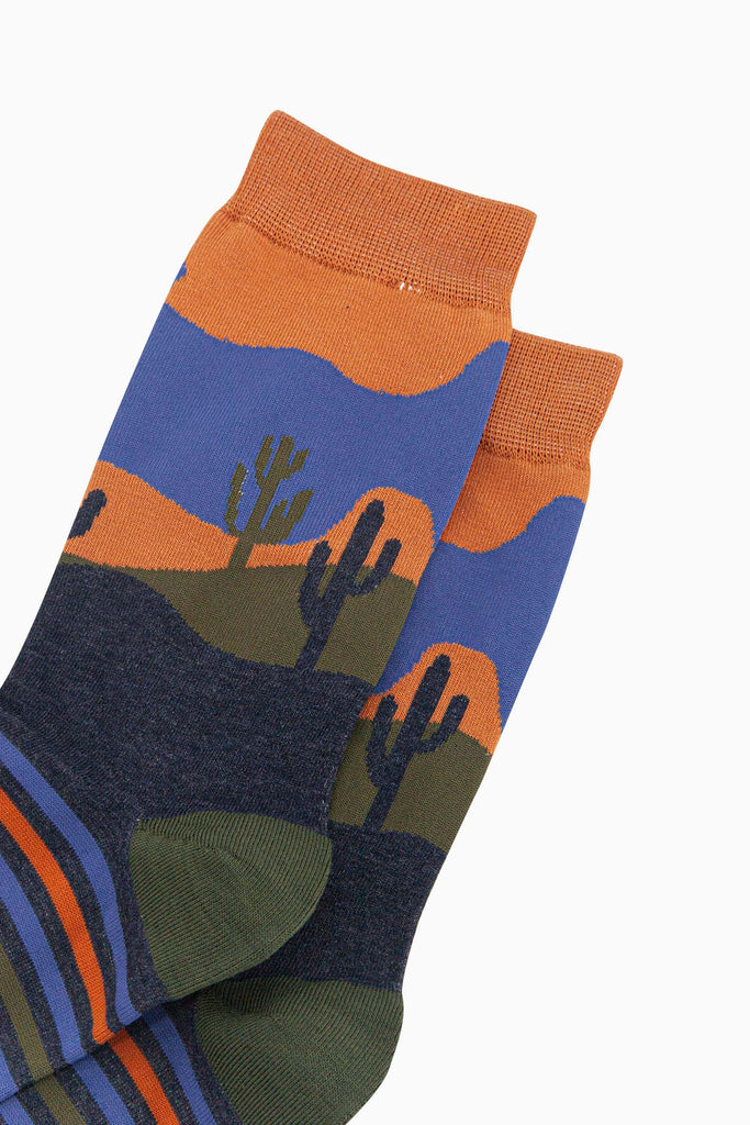 mens-bamboo-socks-navy-blue-desert-landscape-stripe-close-up-cacti-setting-sun-landscape