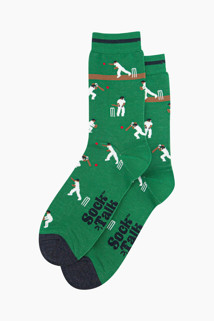 mens-bamboo-socks-green-cricket-players-laying-flat-repeated-pattern-cricketers-playing-sport