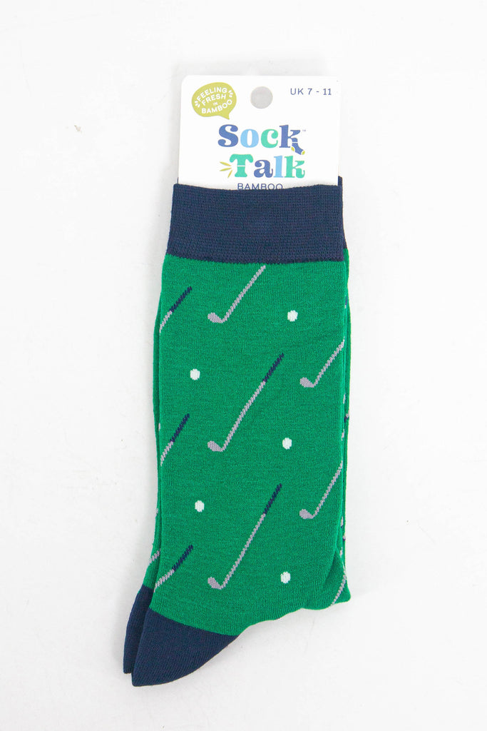 golf ball and club bamboo socks in their sock talk packaging, these socks are a uk size 7-11
