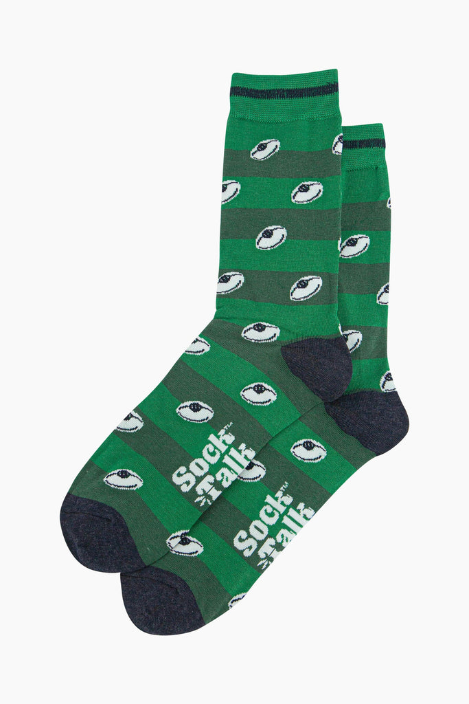 mens-bamboo-socks-green-rugby-ball-stripe-laying-flat-all-over-repeating-pattern-rugby-balls