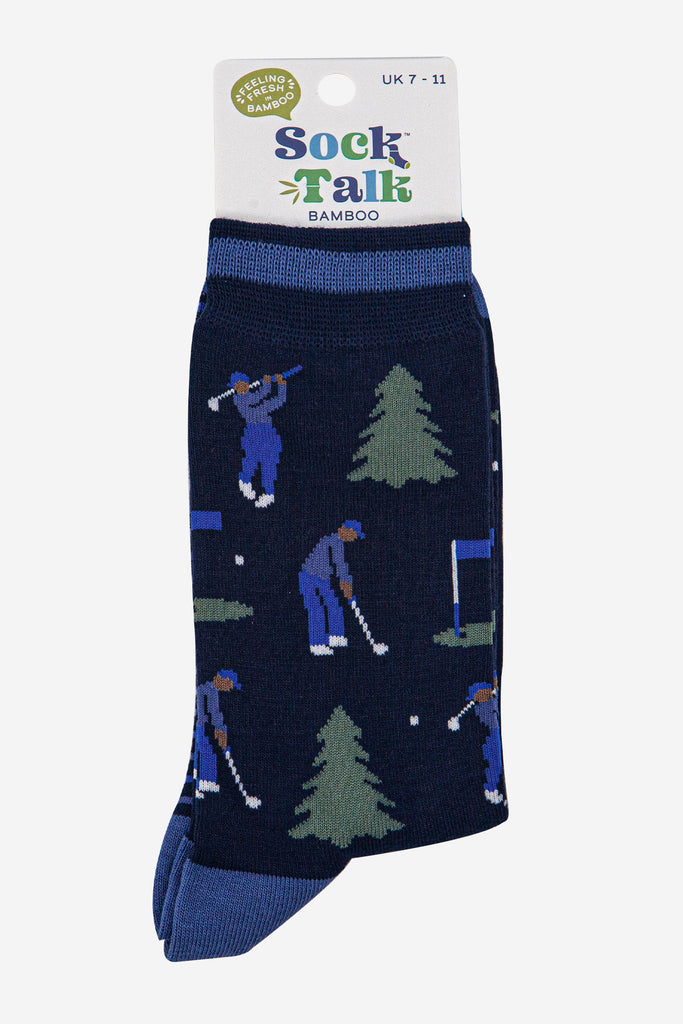mens-bamboo-socks-navy-blue-denim-blue-golfer-and-trees-in-sock-talk-packaging