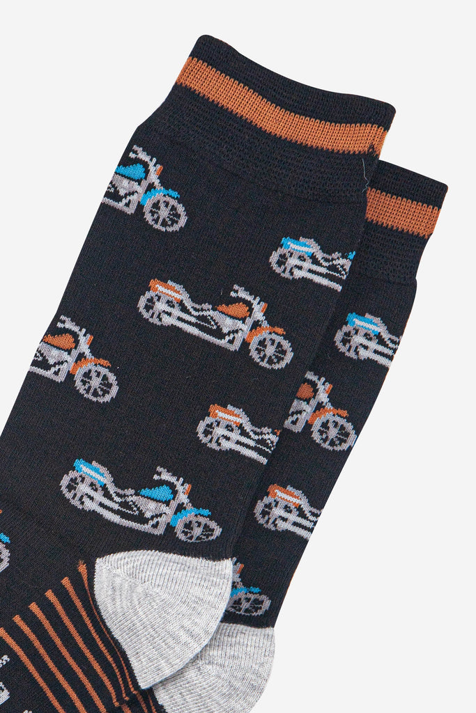 mens-bamboo-socks-black-orange-motorbikes-close-up