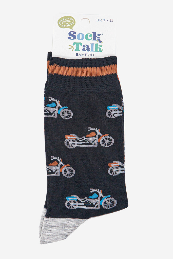 mens-bamboo-socks-black-orange-motorbikes-in-sock-talk-packaging
