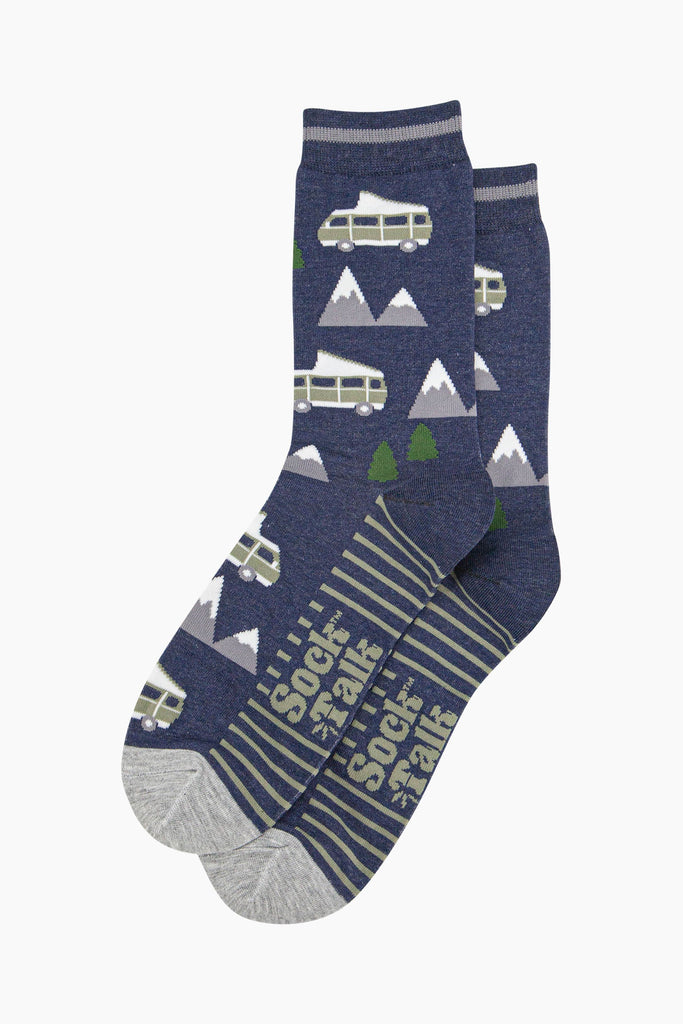 mens-bamboo-socks-navy-campervan-mountains-laying-flat