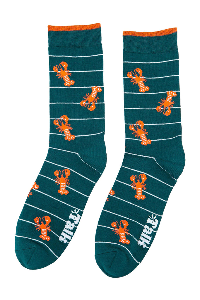 mens bamboo lobster socks with a white horizontal stripe 