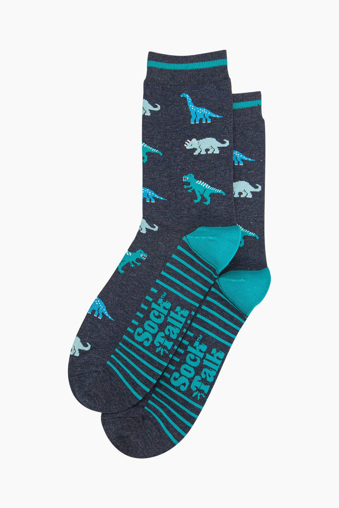 mens-bamboo-socks-navy-blue-dinosaurs-laying-flat-dino-pattern-repeats