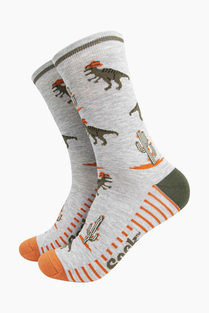 mens-bamboo-socks-grey-t-rex-cowboy-dinosaurs-cactus-wild-west