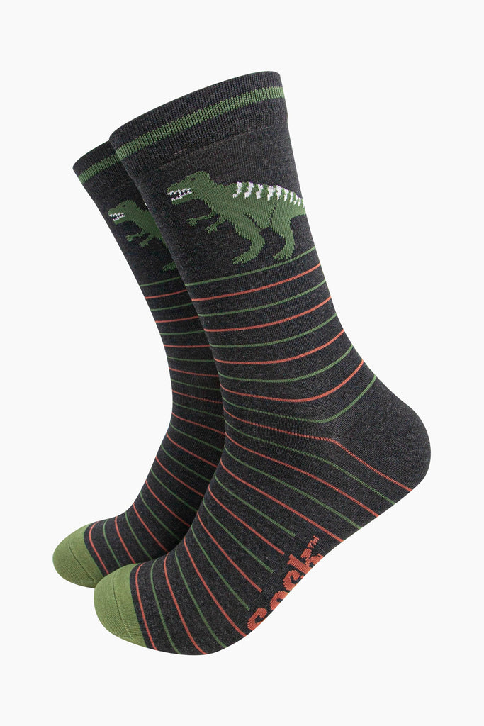 mens-bamboo-socks-black-t-rex-stripe-pattern-pinstripes-large-green-trex-on-ankle