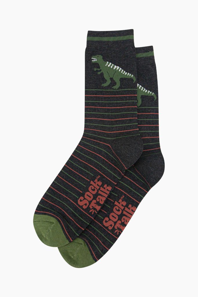 mens-bamboo-socks-black-t-rex-stripe-laying-flat-stripes-dinosaurs