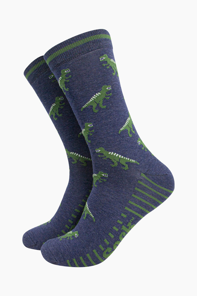 mens-bamboo-socks-navy-t-rex-pattern-green-trex-dinosaurs-green-striped-sole