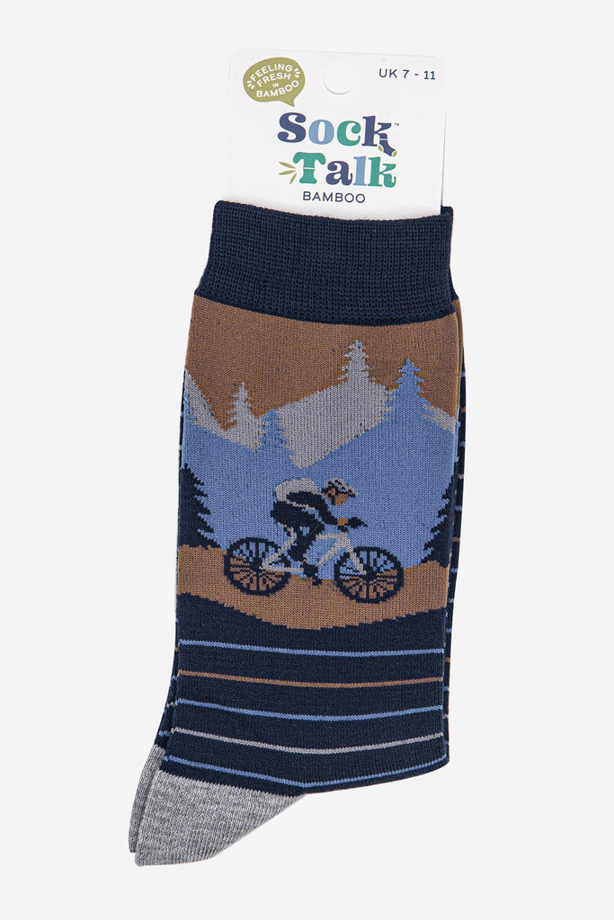 mens-bamboo-socks-navy-blue-denim-blue-mountain-bike-scene-in-sock-talk-packaging