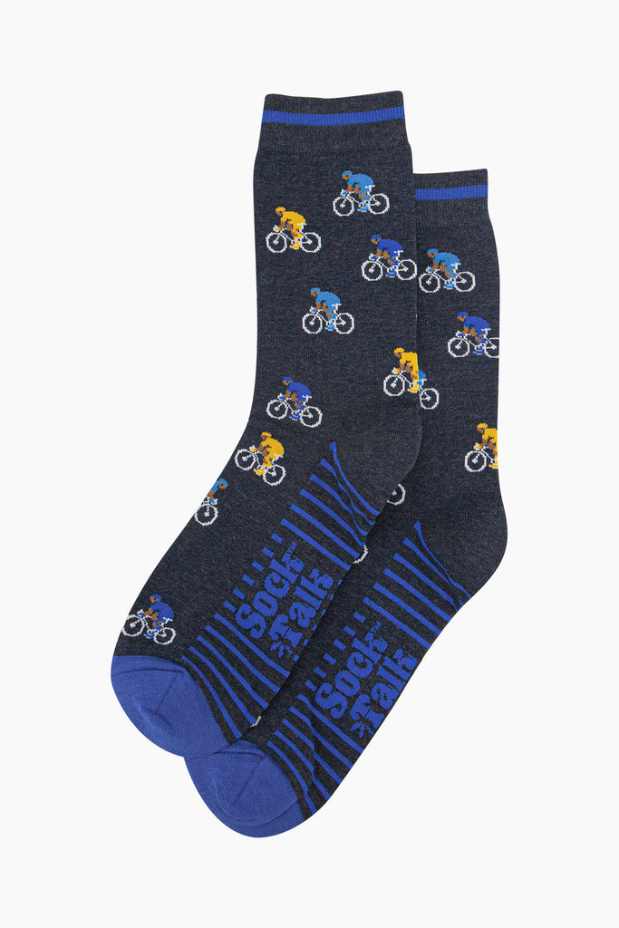 mens-bamboo-socks-navy-cyclists-laying-flat-showing-road-race-cycling