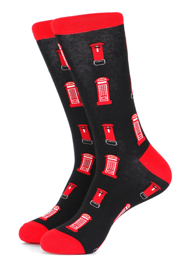 black dress socks with an all over pattern of red telephone and letter boxes