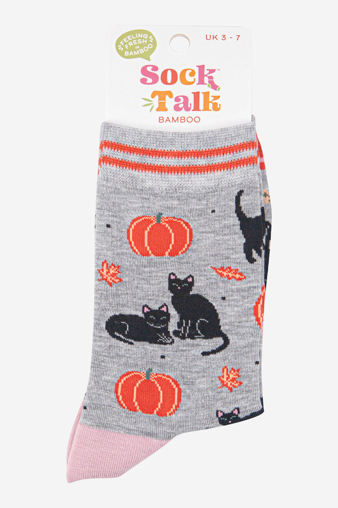 womens-bamboo-socks-light-grey-orange-cats-and-pumpkins-in-sock-talk-packaging