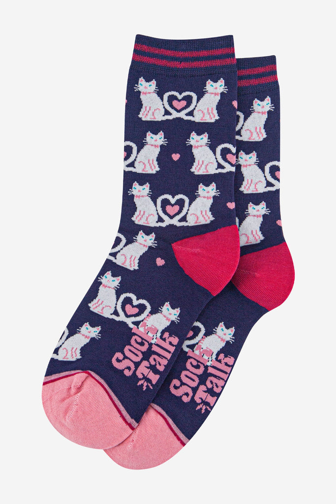 womens-bamboo-socks-navy-blue-white-cats-laying-flat