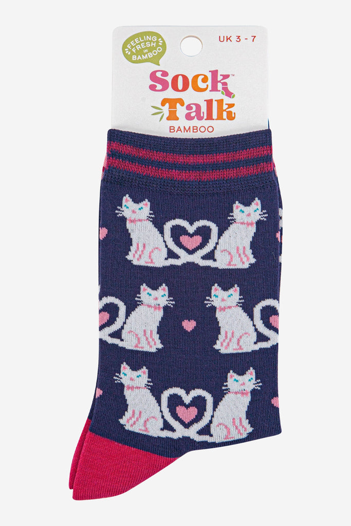 womens-bamboo-socks-navy-blue-white-cats-in-sock-talk-packaging