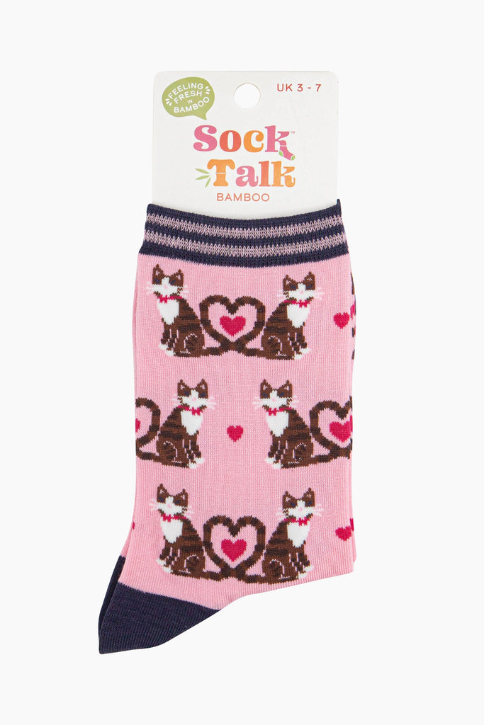  women's bamboo tabby cat and pink love heart ankle socks in their sock talk packaging, the socks are a uk size 3-7.