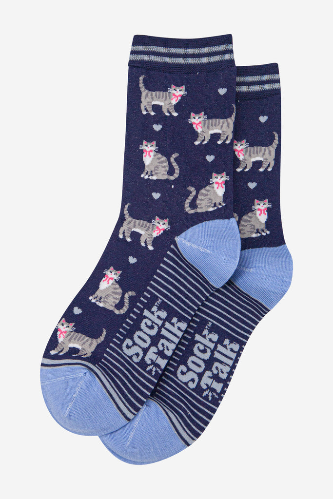womens-bamboo-socks-navy-blue-light-blue-grey-tabby-cats-laying-flat