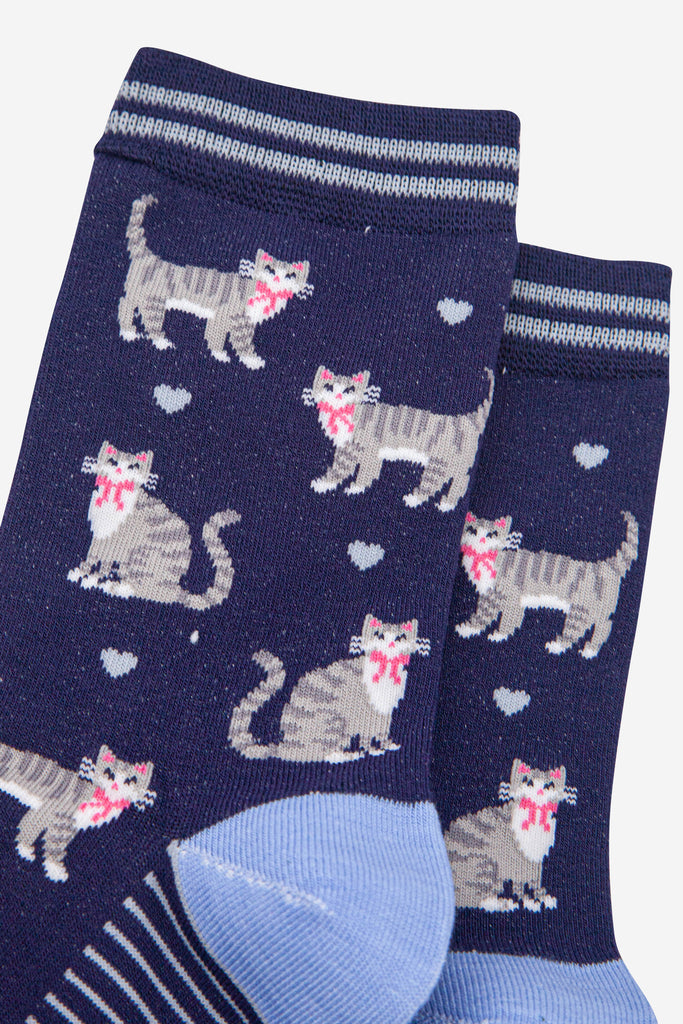 womens-bamboo-socks-navy-blue-light-blue-grey-tabby-cats-close-up