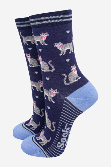 womens-bamboo-socks-navy-blue-light-blue-grey-tabby-cats-pets-animals
