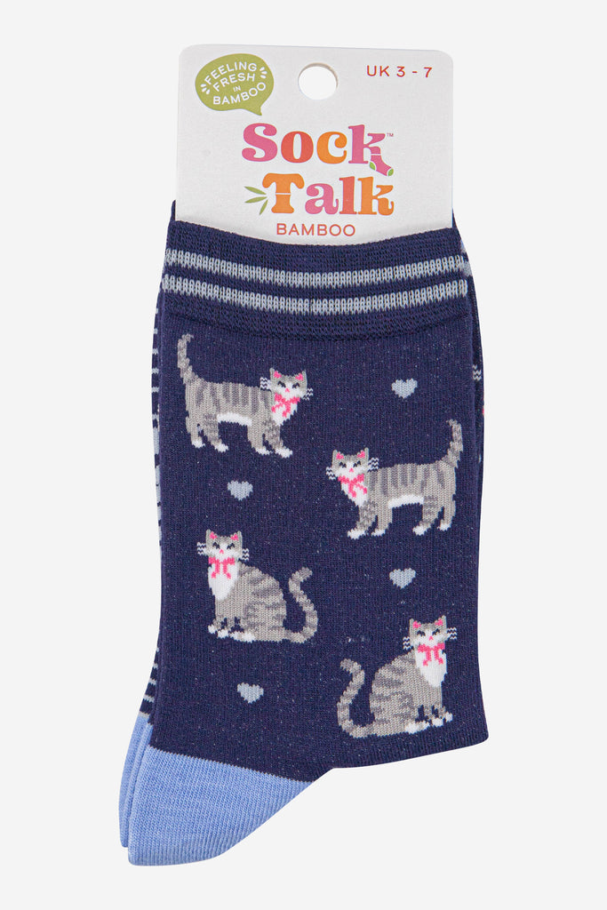 womens-bamboo-socks-navy-blue-light-blue-grey-tabby-cats-in-sock-talk-packaging