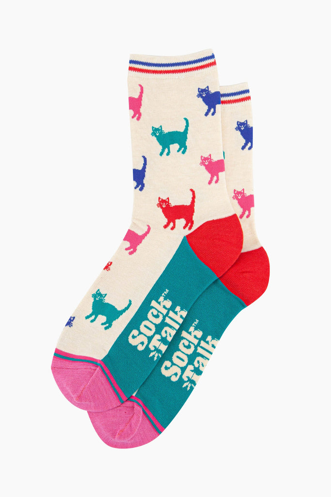 womens-bamboo-socks-cream-multi-cats-laying-flat