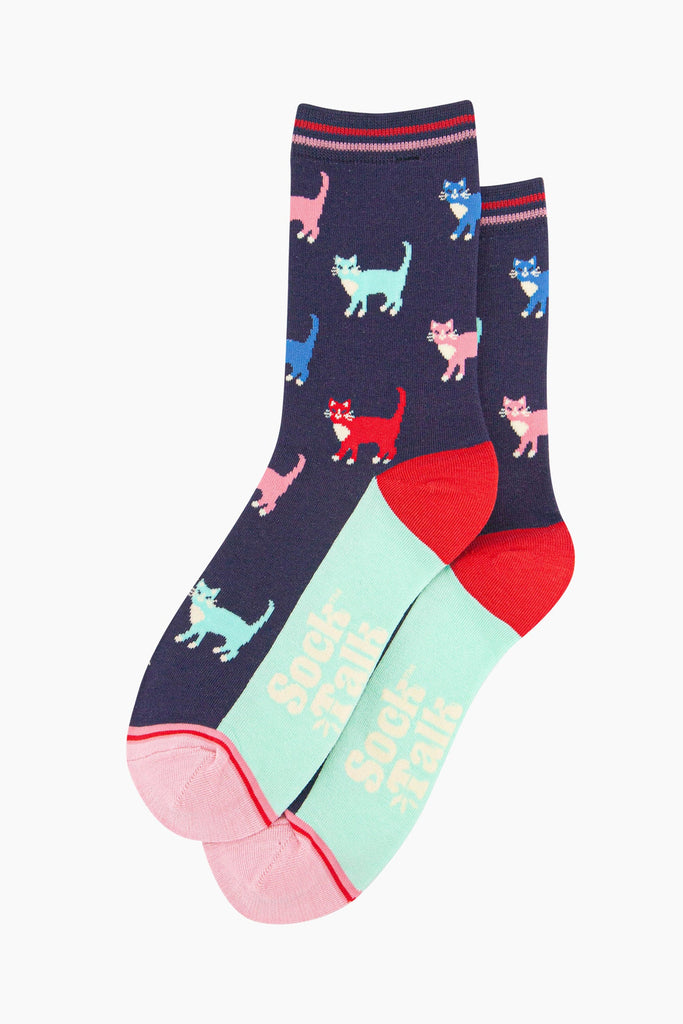 womens-bamboo-socks-navy-multi-cats-laying-flat