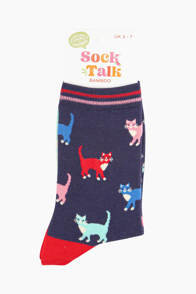 womens-bamboo-socks-navy-multi-cats-in-sock-talk-packaging-uk-size-3-7